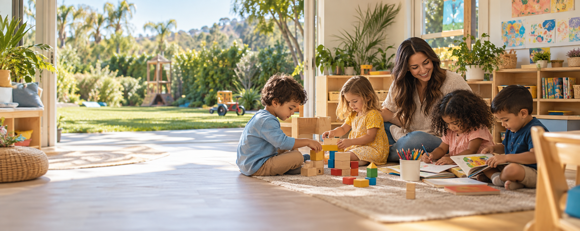 A warm preschool classroom opening onto a green outdoor play area